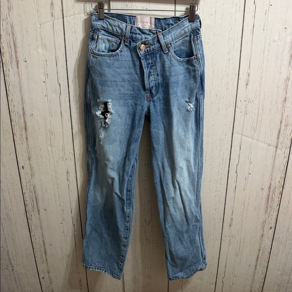 REVICE Blue Denim Jeans Buttonfly asymmetrical buttonfly with Yellow Stitching